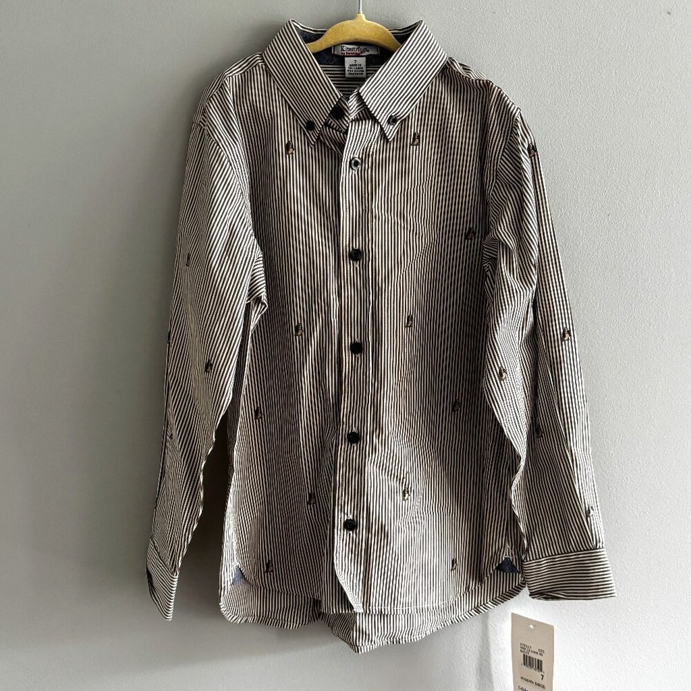 Kitestrings Dog Print Gray Striped Button-Down Shirt NWT 7